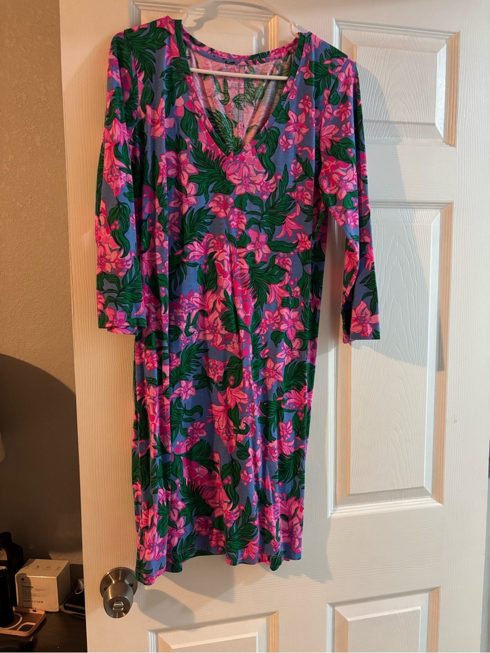 Lilly Pulitzer Blue Floral V-Neck Long Sleeve Dress with Pink & Green Print